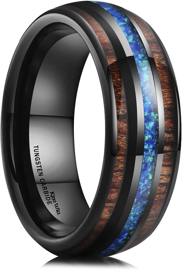 King Will Nature 8mm Turquoise Tungsten Carbide Wedding Ring Abalone Shell Opal Inlaid Real Wood Engagement Band for Men