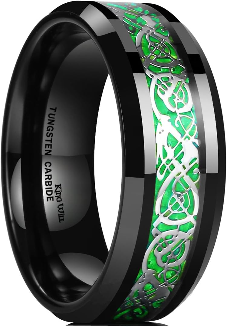 King Will DRAGON Men's 8mm/6mm/5mm Red/Green Carbon Fiber Black Celtic Dragon Tungsten Carbide Ring Comfort Fit Wedding Band
