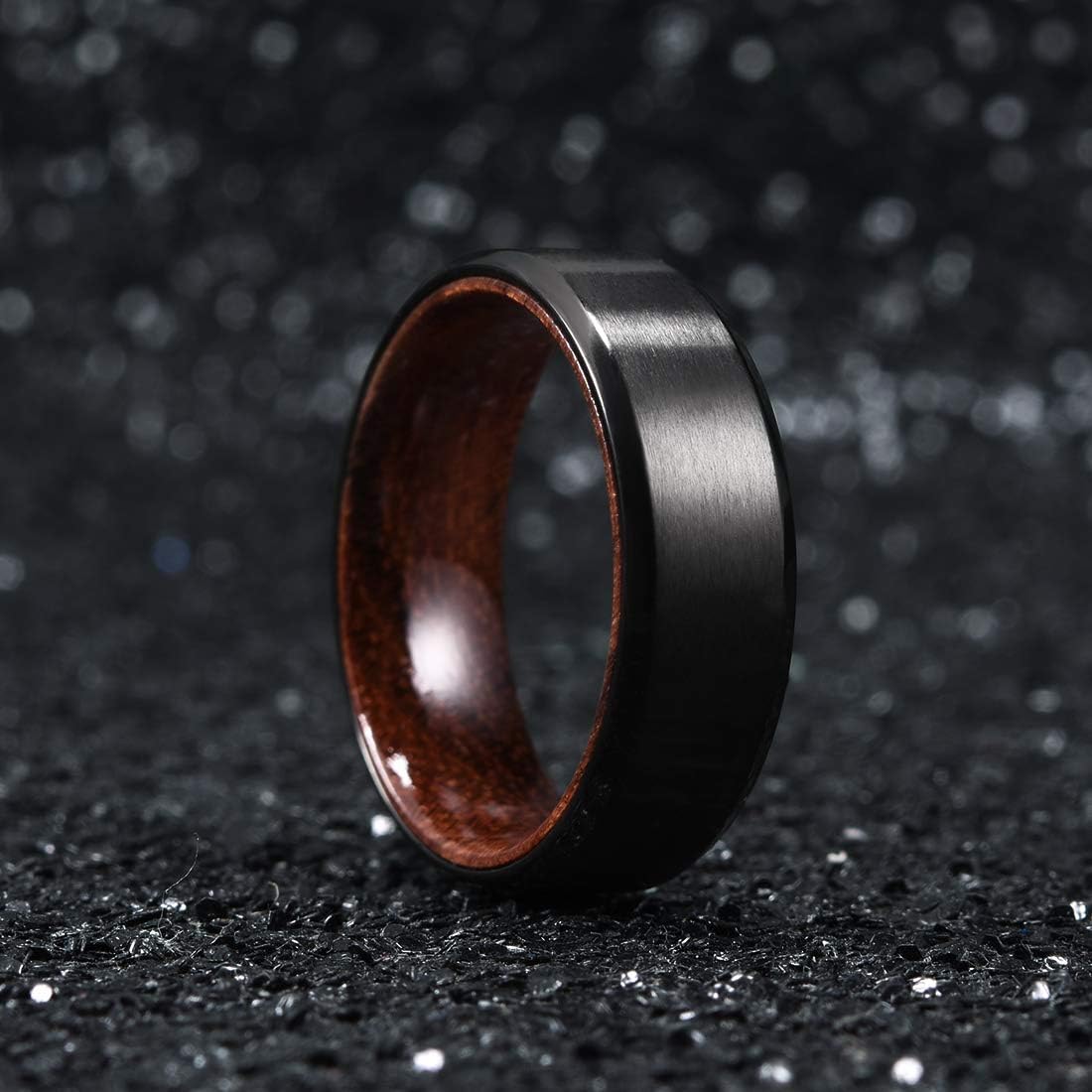 King Will 6mm/8mm Silver/Black Hammered Titanium Ring Inlaid Wood Inner Hole Wedding Band for Men Matte Brushed Comfort Fit