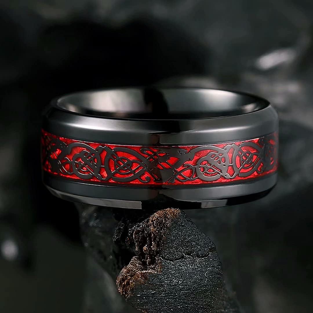 King Will DRAGON Mens Celtic Dragon Titanium Stainless Steel Ring Blue/Black/Green/Red Carbon Fibre Luminou Glow Celtic Dragon Titanium Stainless Steel Ring 7mm 8mm 9mm Zircon Polished Beveled Edge and Black Plated Wedding Band mens