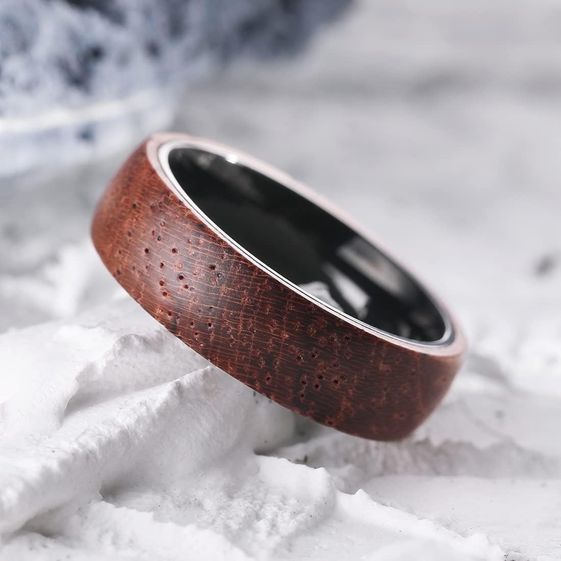 King Will 6mm/8mm Silver/Black Hammered Titanium Ring Inlaid Wood Inner Hole Wedding Band for Men Matte Brushed Comfort Fit