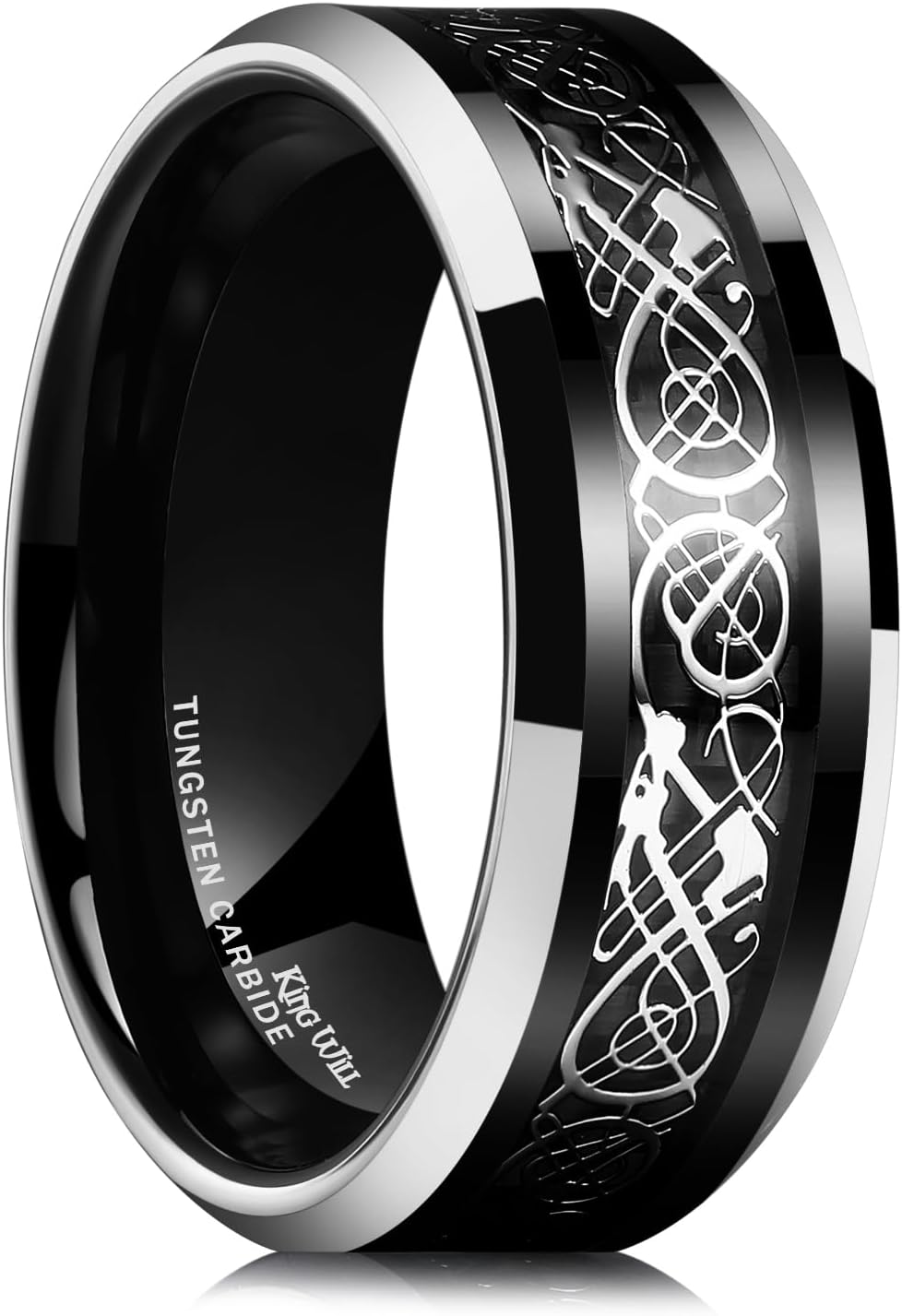 King Will DRAGON Men's 8mm/6mm/5mm Red/Green Carbon Fiber Black Celtic Dragon Tungsten Carbide Ring Comfort Fit Wedding Band