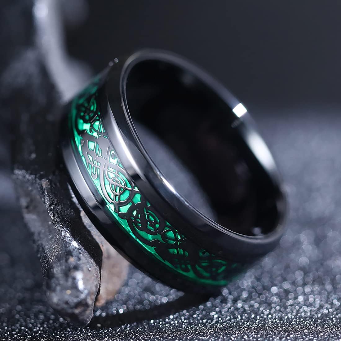 King Will DRAGON Mens Celtic Dragon Titanium Stainless Steel Ring Blue/Black/Green/Red Carbon Fibre Luminou Glow Celtic Dragon Titanium Stainless Steel Ring 7mm 8mm 9mm Zircon Polished Beveled Edge and Black Plated Wedding Band mens