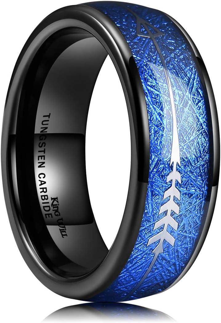 King Will Nature 8mm Arrow Tungsten Carbide Ring Wood Meteorite Sticker Inlay Domed Wedding Ring for Men