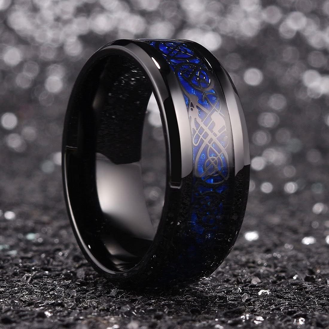 King Will DRAGON Mens Celtic Dragon Titanium Stainless Steel Ring Blue/Black/Green/Red Carbon Fibre Luminou Glow Celtic Dragon Titanium Stainless Steel Ring 7mm 8mm 9mm Zircon Polished Beveled Edge and Black Plated Wedding Band mens