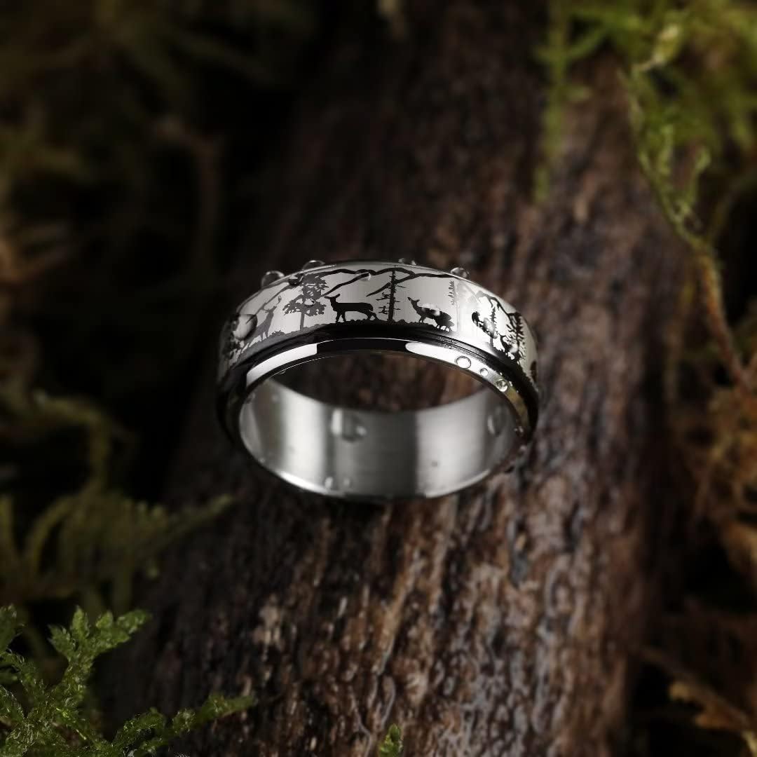 King Will 6mm 7mm 8mm Silver Black Stainless Steel Ring Spinner Ring Anxiety Relief Wedding Ring For Men Women Forest Elk Deer Family/Moon Star/Skull Head/Evil Eye/Poker Pattern
