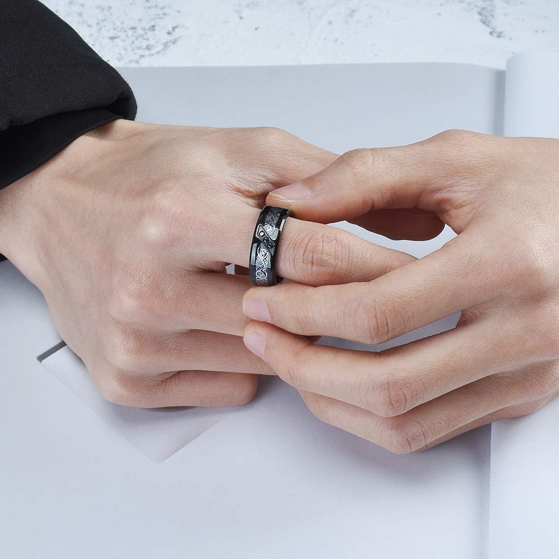 King Will DRAGON Mens Celtic Dragon Titanium Stainless Steel Ring Blue/Black/Green/Red Carbon Fibre Luminou Glow Celtic Dragon Titanium Stainless Steel Ring 7mm 8mm 9mm Zircon Polished Beveled Edge and Black Plated Wedding Band mens