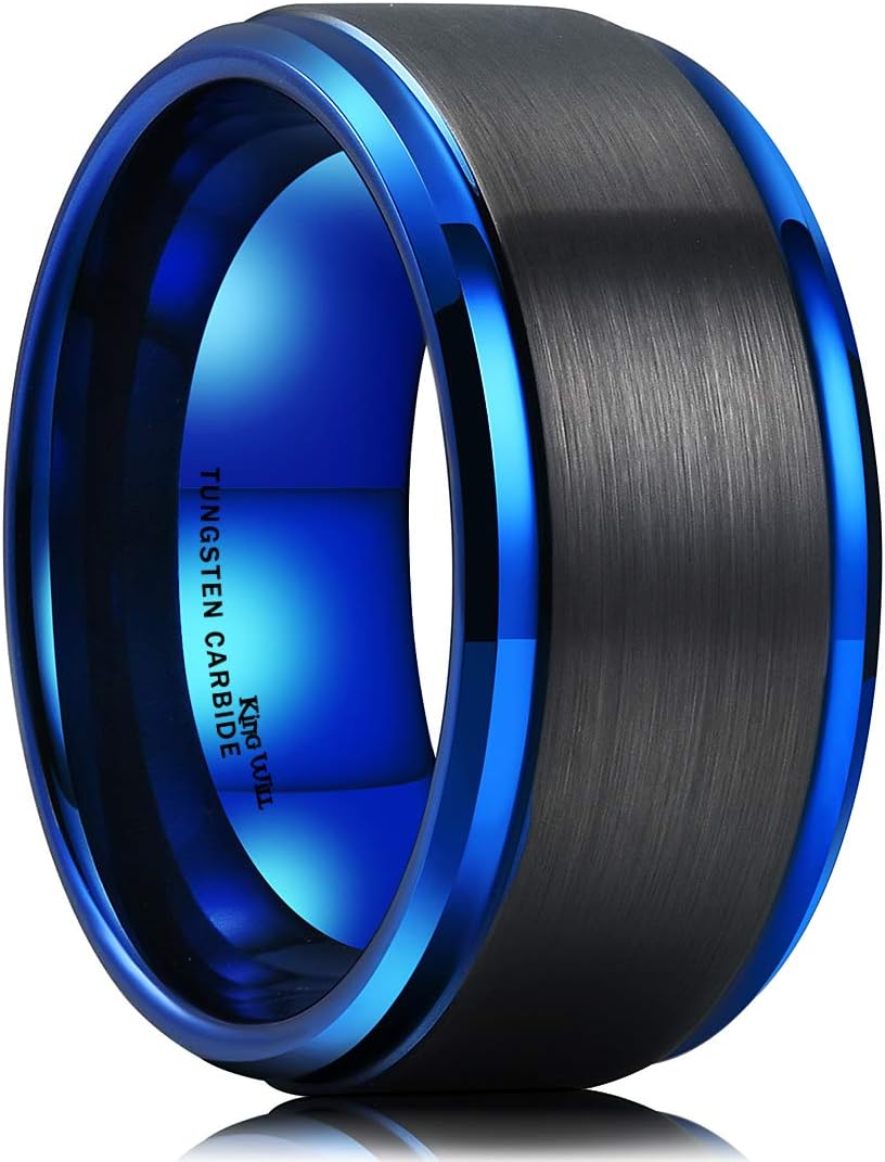 King Will Basic Tungsten Ring for Men 6mm 7mm 8mm 9mm 10mm Silver Blue Tungsten Wedding Band Matte Brushed Finish Comfort Fit