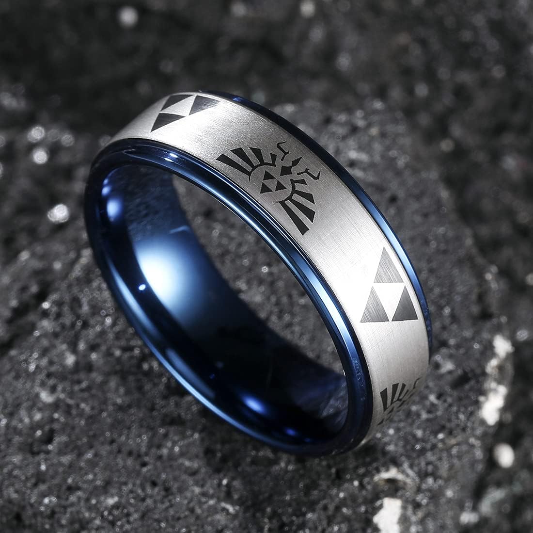 King Will 8mm Mens Black/Blue Tungsten Carbide Wedding Ring The Legend of Zelda Ring Matte Finished Plated Stepped Beveled Edges