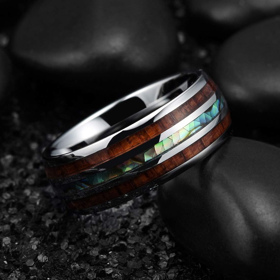 King Will Nature 8mm Turquoise Tungsten Carbide Wedding Ring Abalone Shell Opal Inlaid Real Wood Engagement Band for Men