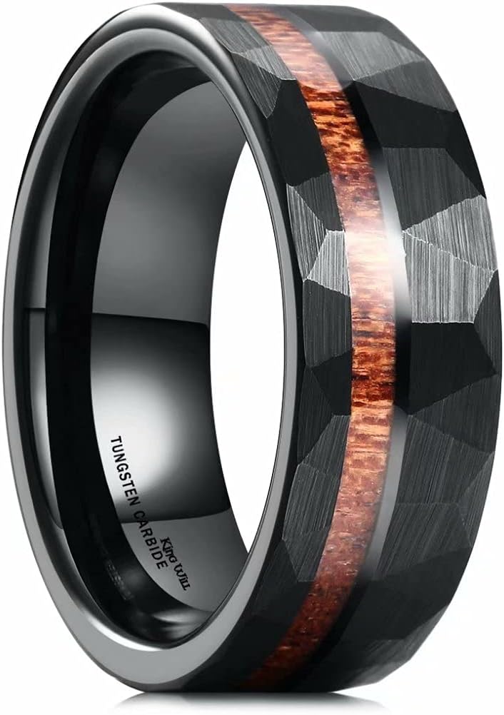 King Will 8mm Wood/Red Opal/Gold Foils/Purple Meteorite Inlaid Black Tungsten Carbide Rings Wedding Band Brushed Hammered Men’s Engagement Ring Comfort Fit for Men Women