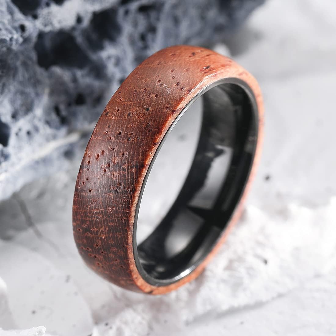 King Will 6mm/8mm Silver/Black Hammered Titanium Ring Inlaid Wood Inner Hole Wedding Band for Men Matte Brushed Comfort Fit