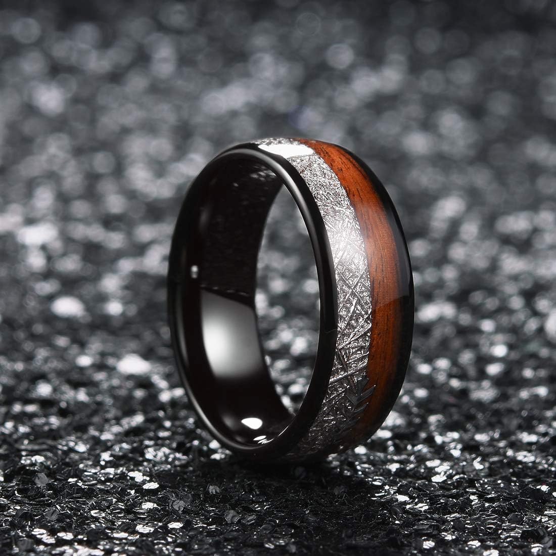 King Will Nature 8mm Arrow Tungsten Carbide Ring Wood Meteorite Sticker Inlay Domed Wedding Ring for Men