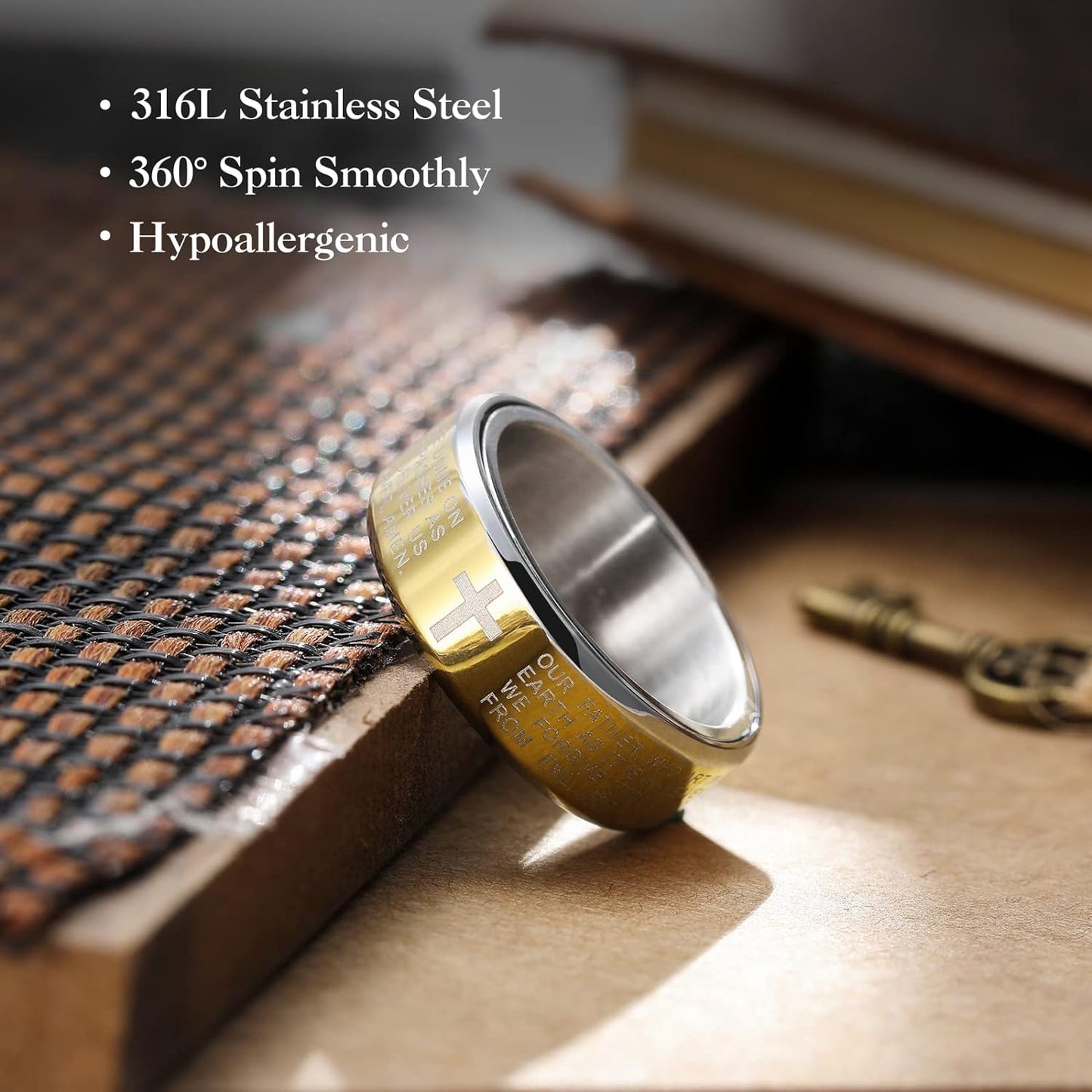 King Will 8mm Black/Gold/Silver Stainless Steel Ring Lord's Prayer Rotatable Ring Men Wedding Band Rings Comfort Fit