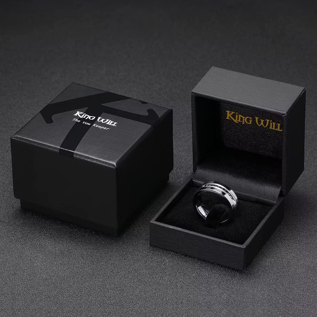 King Will GEM Mens 8mm Black Polished Finish Tungsten Carbide Ring Cubic Zircon Stones Flat Style