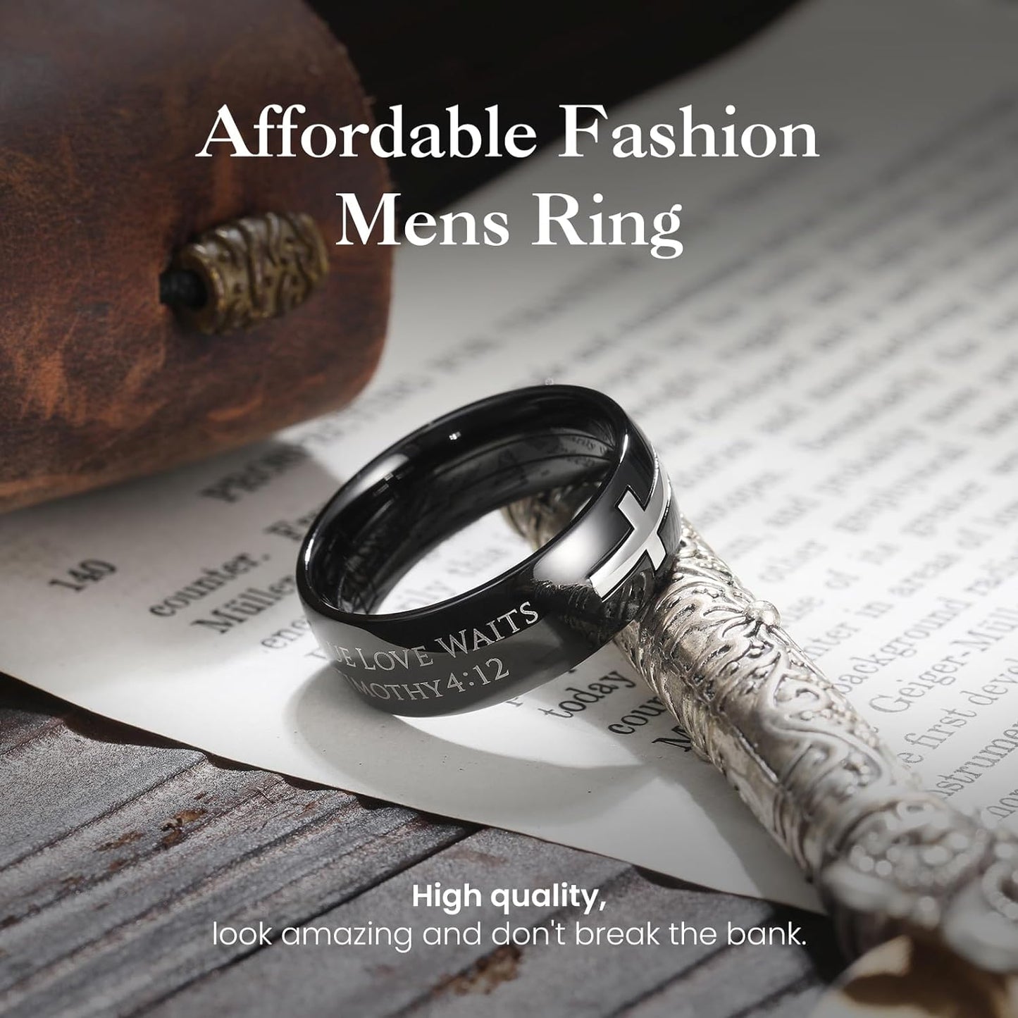 King Will Stainless Steel Wedding Band for Men - 8mm Black Silver Plated Inlay Cross and Text True Love Waits for Everyday Wear Comfort Fit