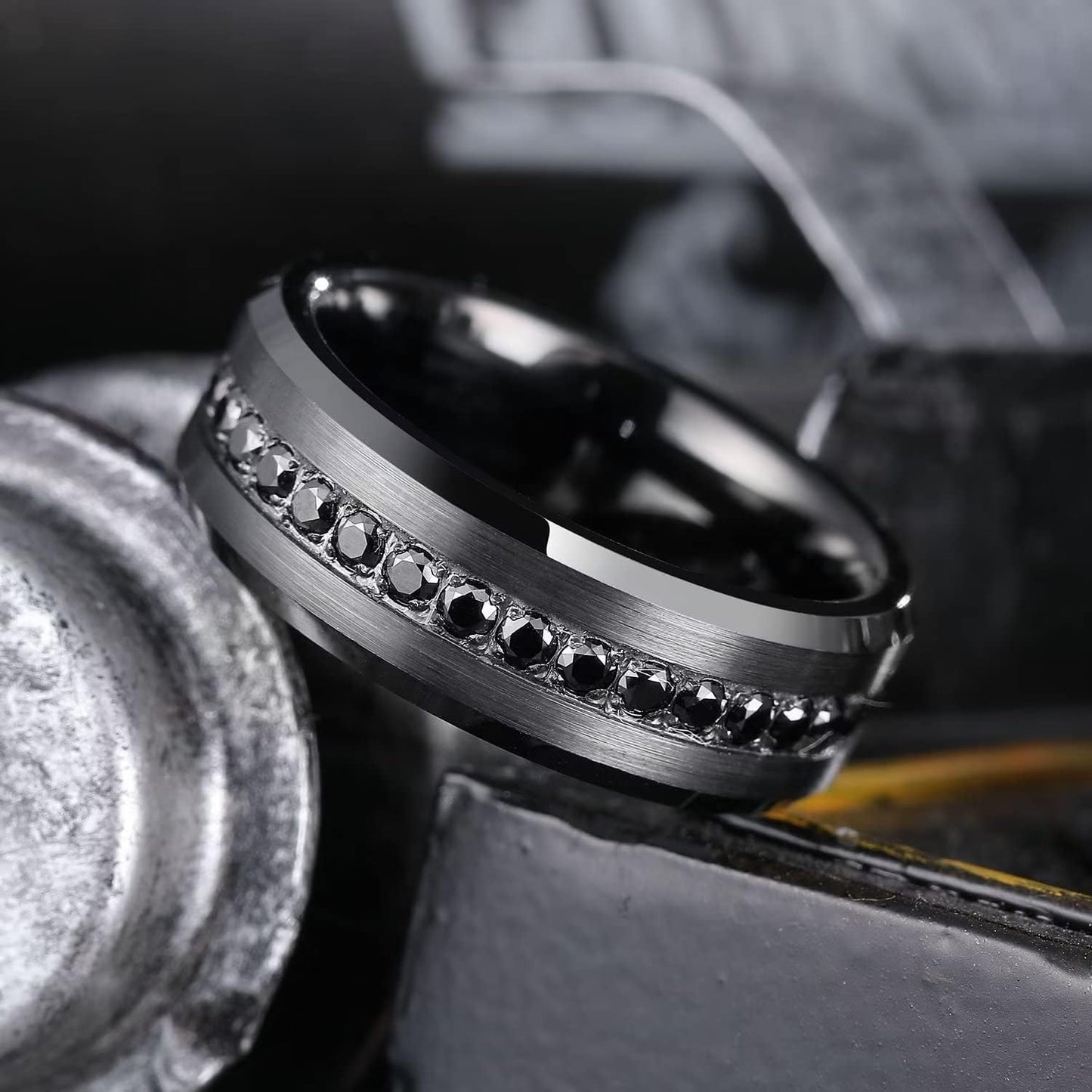 King Will GEM Mens 8mm Black Polished Finish Tungsten Carbide Ring Cubic Zircon Stones Flat Style