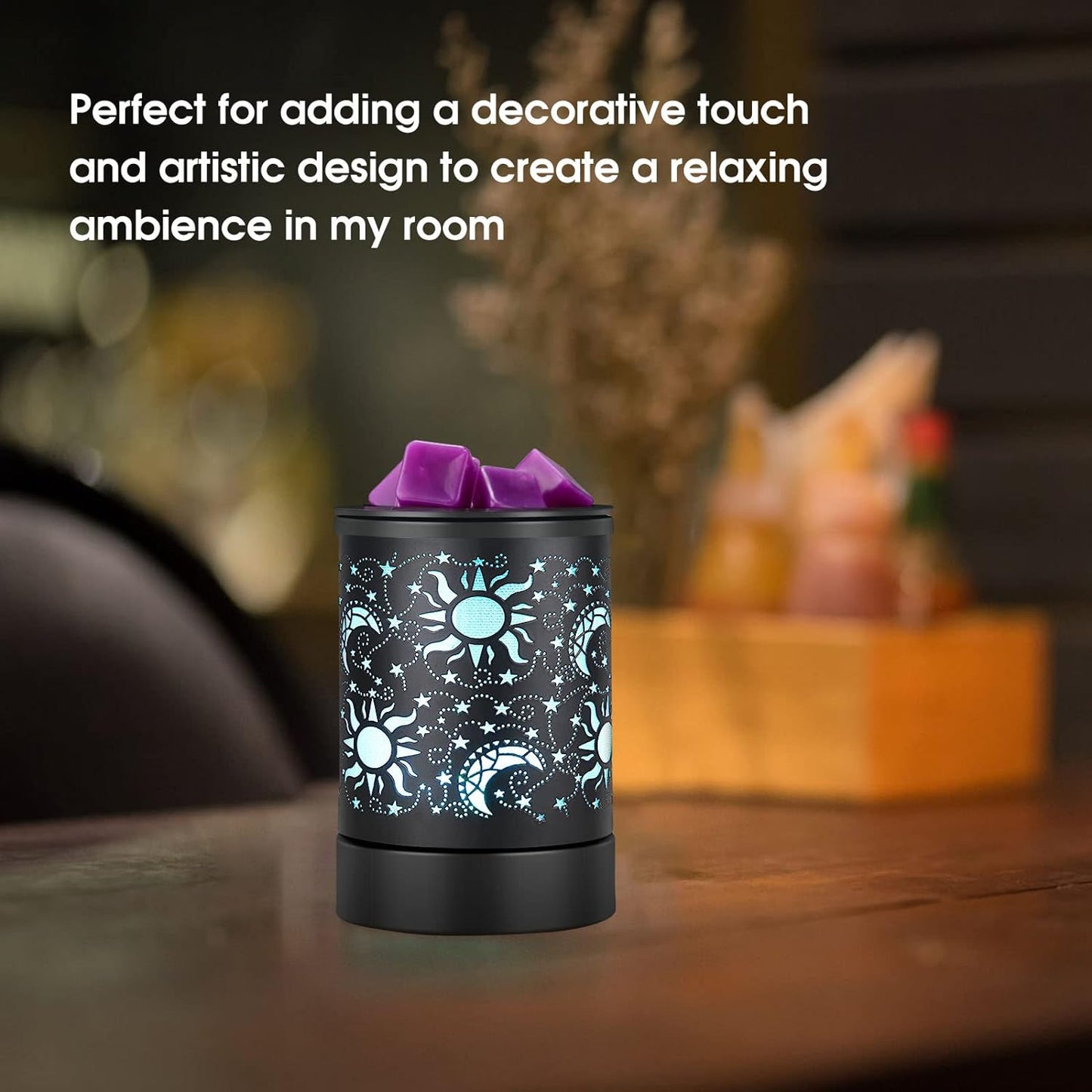 inrorans Sun Moon Star Electric Oil Warmer Black Metal Wax Warmer for Scented Wax with 7 Colors Changing LED nightLight PTC Element Reusable Silicone Liner Scented Wax Warmer for Home Decor…
