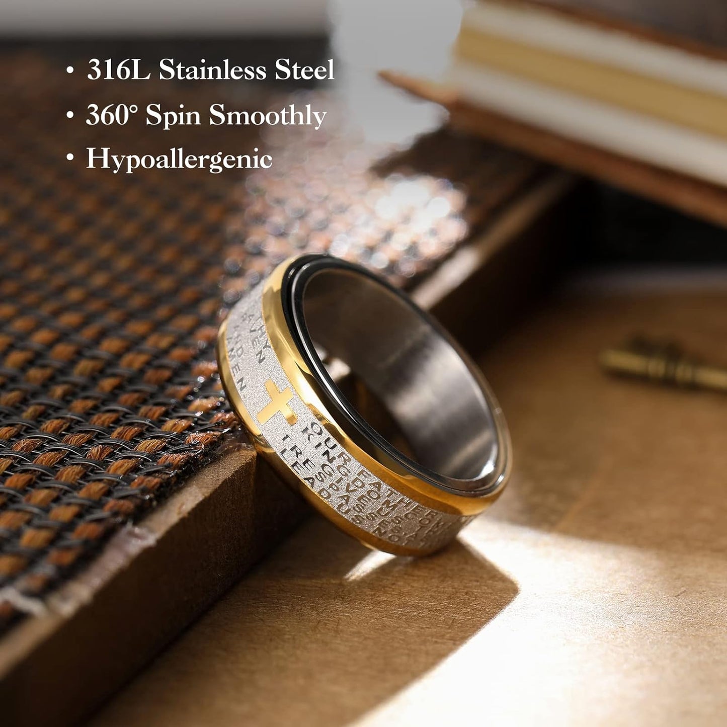 King Will 8mm Black/Gold/Silver Stainless Steel Ring Lord's Prayer Rotatable Ring Men Wedding Band Rings Comfort Fit