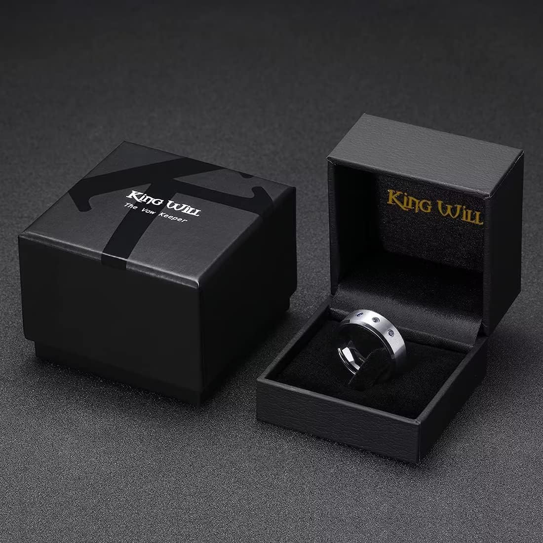 King Will GEM Mens 8mm Black Polished Finish Tungsten Carbide Ring Cubic Zircon Stones Flat Style