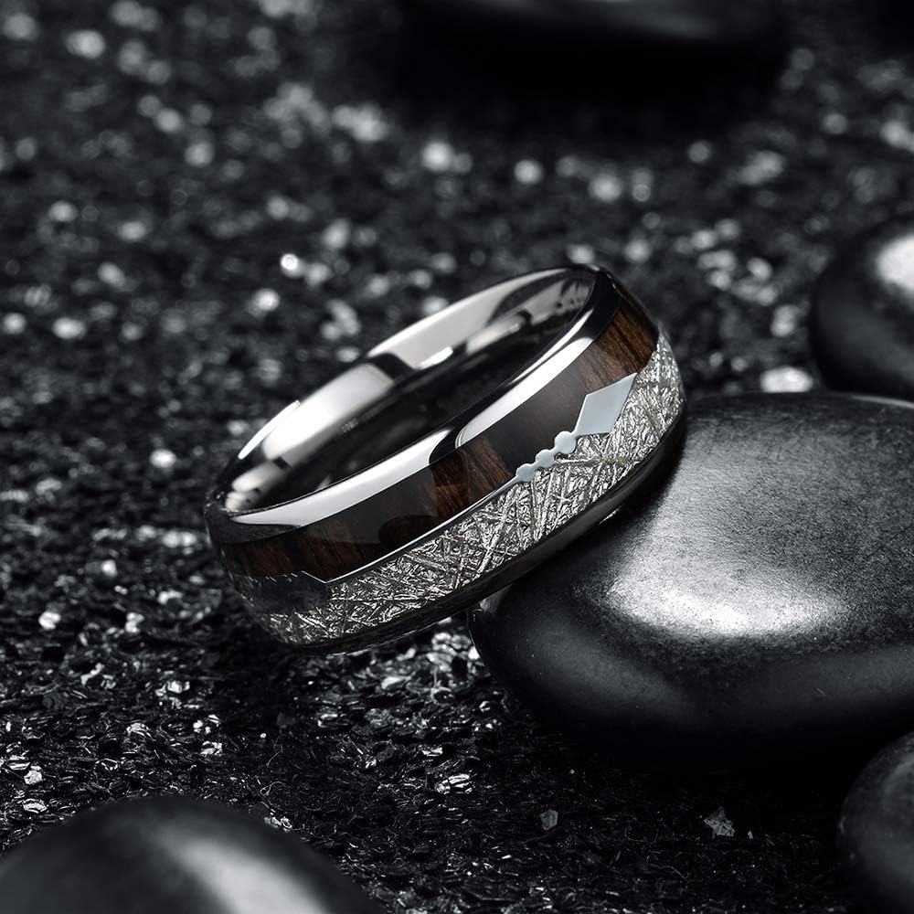 King Will Nature 8mm Arrow Tungsten Carbide Ring Wood Meteorite Sticker Inlay Domed Wedding Ring for Men