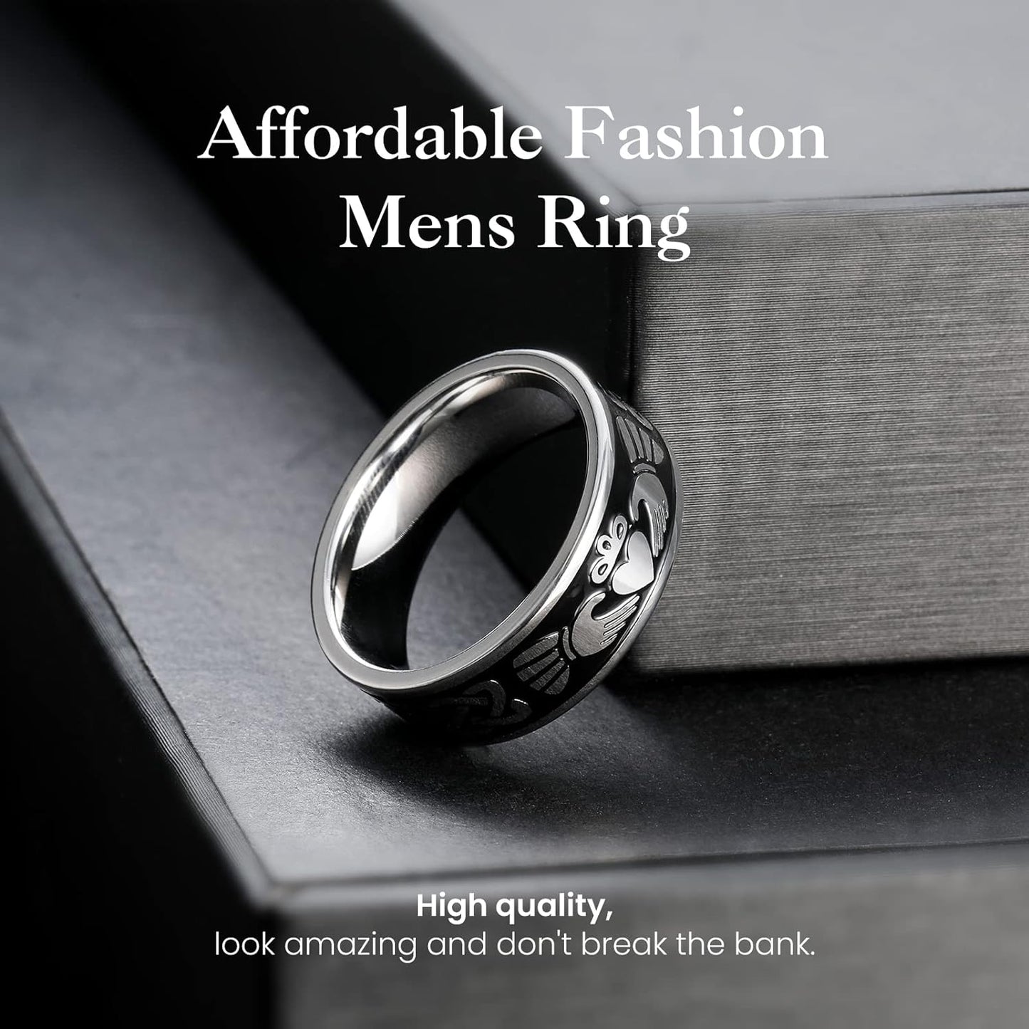 King Will Stainless Steel Wedding Band for Men - 8mm Black Silver Plated High Polished Inlay Celtic knot Ring for Everyday Wear Comfort Fit