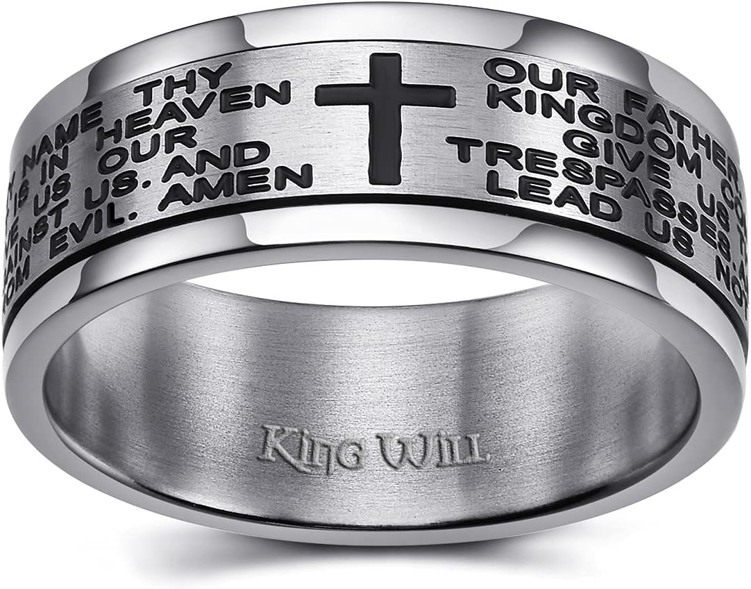 King Will 6mm 8mm Silver Rose Gold Titanium Spinner Ring Fidget Anxiety Ring for Men High Polished Dice Pattern/Lord's Prayer Comfort Ring