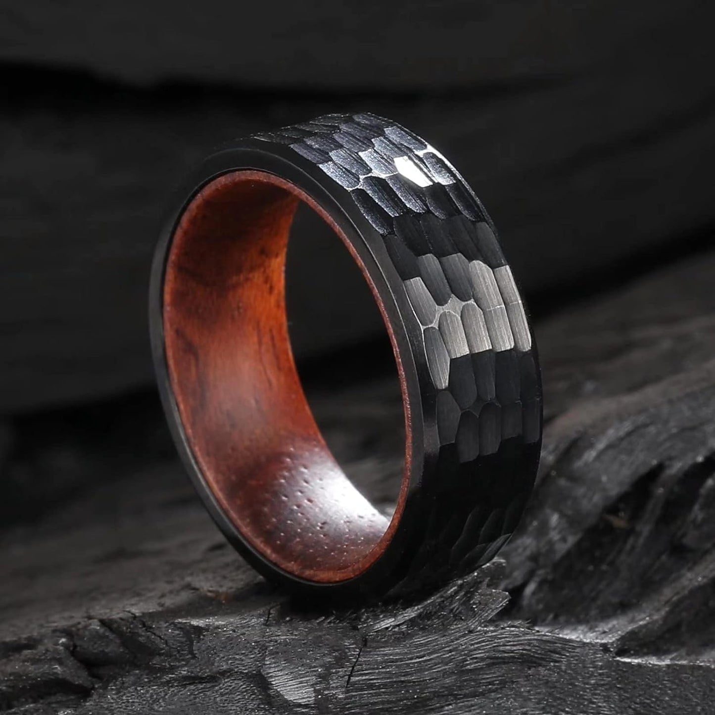 King Will 6mm/8mm Silver/Black Hammered Titanium Ring Inlaid Wood Inner Hole Wedding Band for Men Matte Brushed Comfort Fit