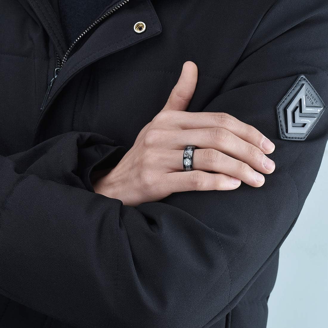 King Will DRAGON Mens Celtic Dragon Titanium Stainless Steel Ring Blue/Black/Green/Red Carbon Fibre Luminou Glow Celtic Dragon Titanium Stainless Steel Ring 7mm 8mm 9mm Zircon Polished Beveled Edge and Black Plated Wedding Band mens