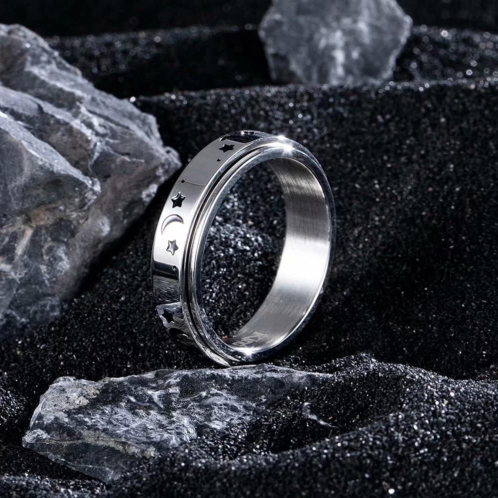 King Will 6mm 7mm 8mm Silver Black Stainless Steel Ring Spinner Ring Anxiety Relief Wedding Ring For Men Women Forest Elk Deer Family/Moon Star/Skull Head/Evil Eye/Poker Pattern