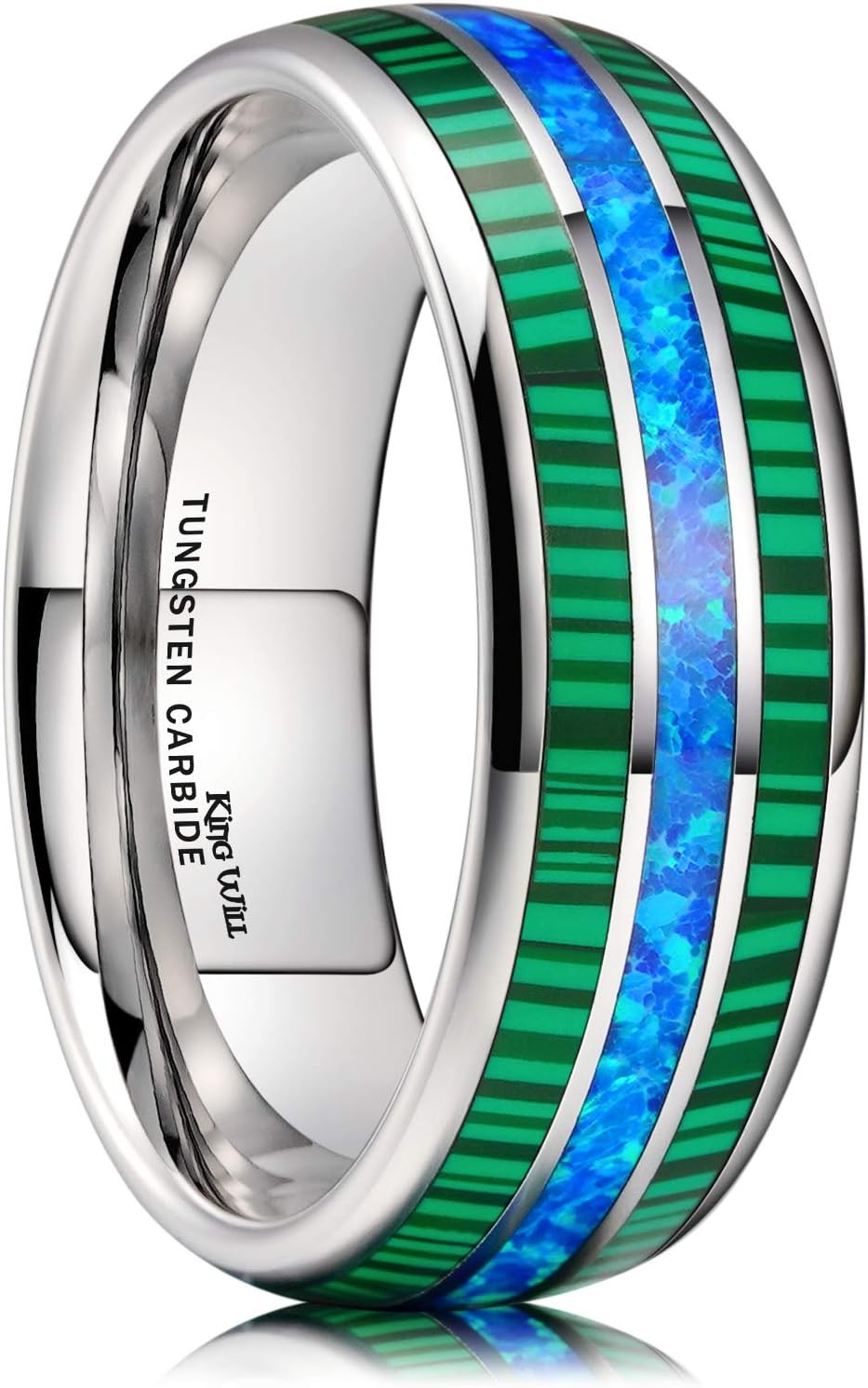 King Will Nature 8mm Turquoise Tungsten Carbide Wedding Ring Abalone Shell Opal Inlaid Real Wood Engagement Band for Men
