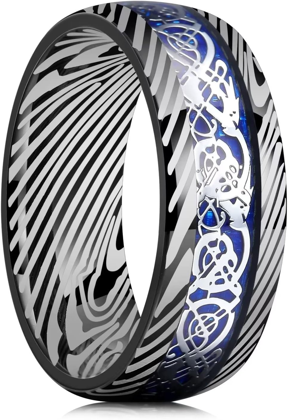 King Will DRAGON Mens Celtic Dragon Titanium Stainless Steel Ring Blue/Black/Green/Red Carbon Fibre Luminou Glow Celtic Dragon Titanium Stainless Steel Ring 7mm 8mm 9mm Zircon Polished Beveled Edge and Black Plated Wedding Band mens