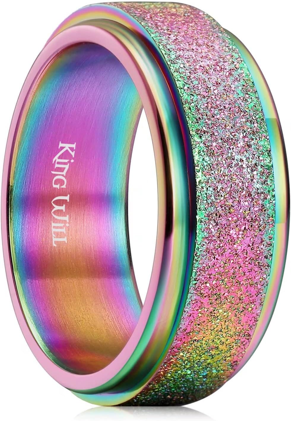 King Will Mens Fidget Ring Black/Gold/Rose Gold/Rainbow 8mm Stainless Steel Ring Spinner Ring For Men Women Stress Anxiety Relief Rotating Ring Finger Teens Toy Moon Sun Star/Triple Moon/Sand Blasted Comfort Fit For Unisex Adults