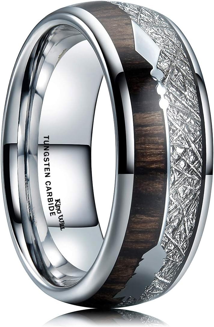 King Will Nature 8mm Arrow Tungsten Carbide Ring Wood Meteorite Sticker Inlay Domed Wedding Ring for Men