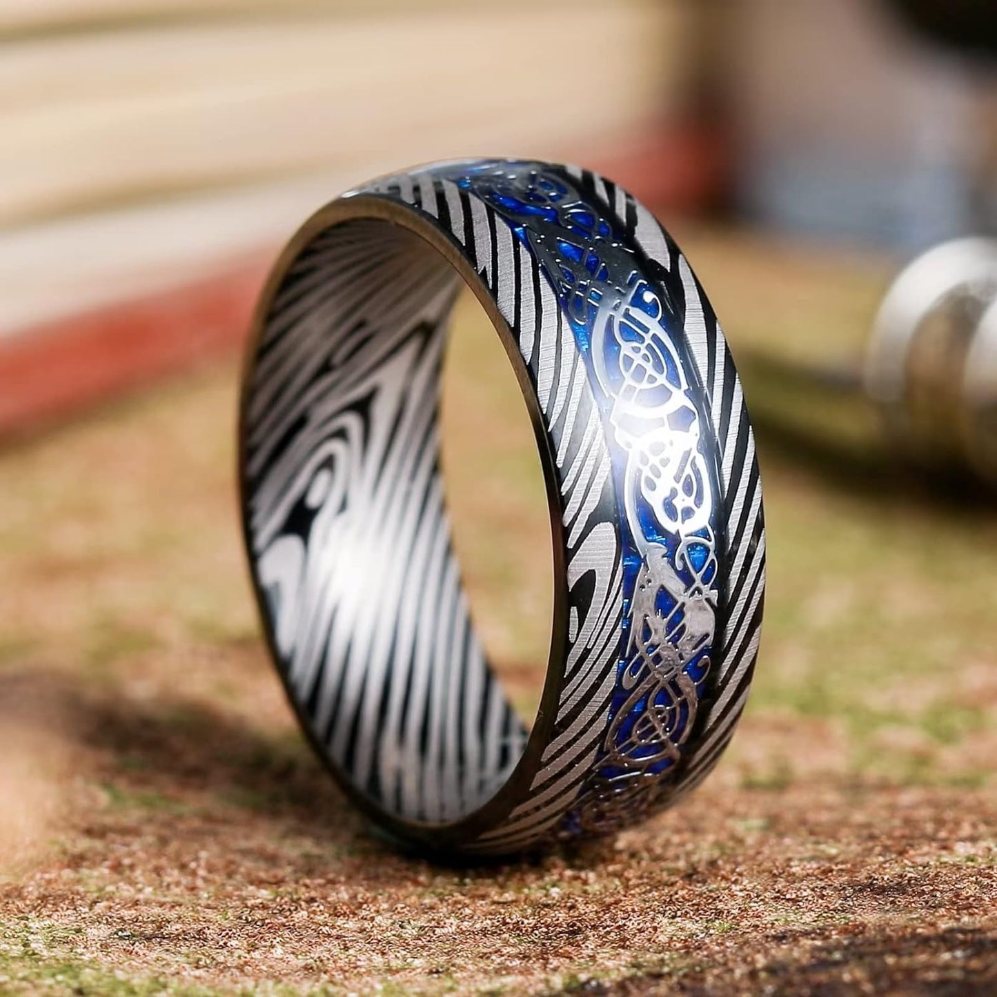 King Will DRAGON Mens Celtic Dragon Titanium Stainless Steel Ring Blue/Black/Green/Red Carbon Fibre Luminou Glow Celtic Dragon Titanium Stainless Steel Ring 7mm 8mm 9mm Zircon Polished Beveled Edge and Black Plated Wedding Band mens