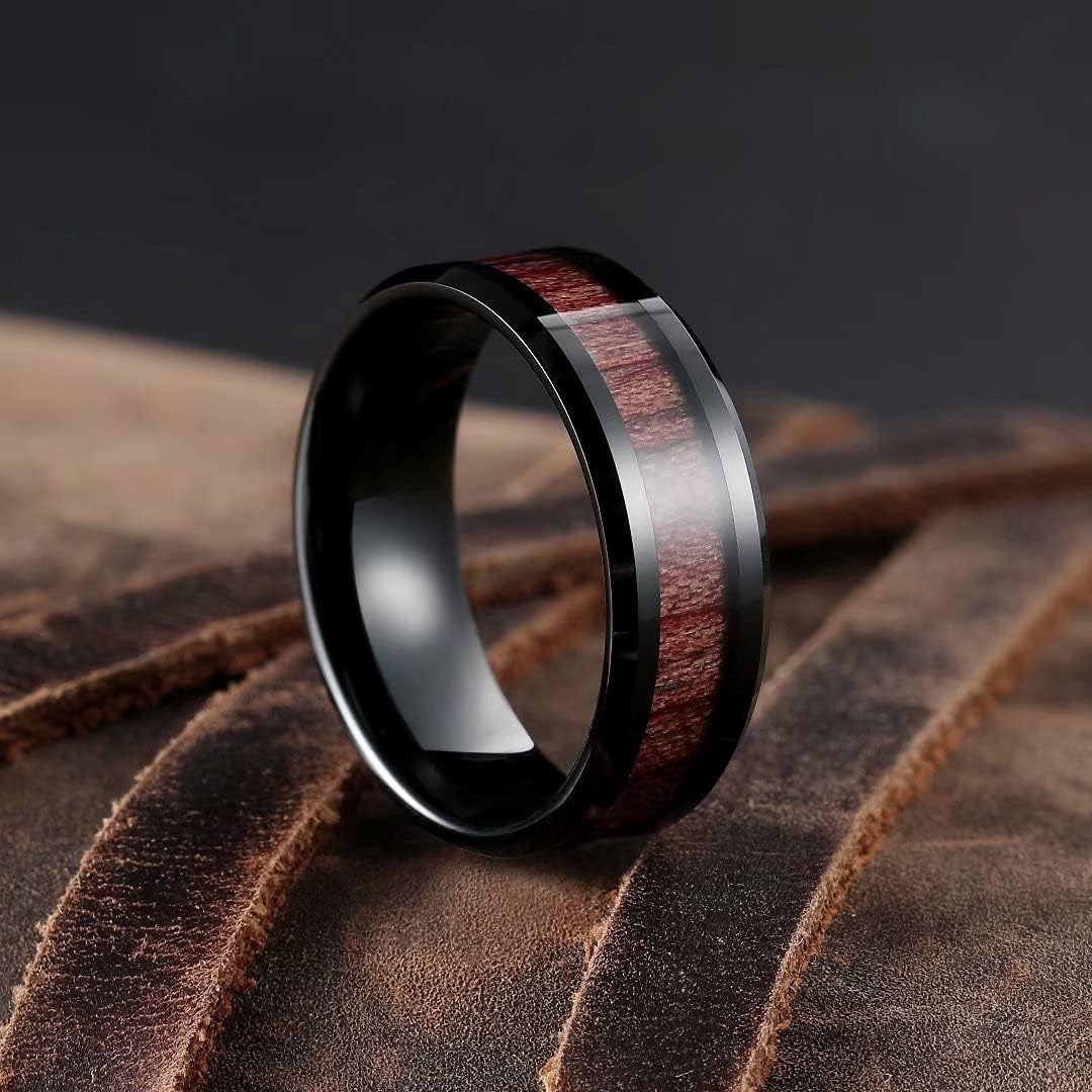 King Will Nature Koa Wood Inlay Tungsten Carbide Wedding Ring 8mm Rose Gold/Blue/Black/Silver High Polished Comfort Fit