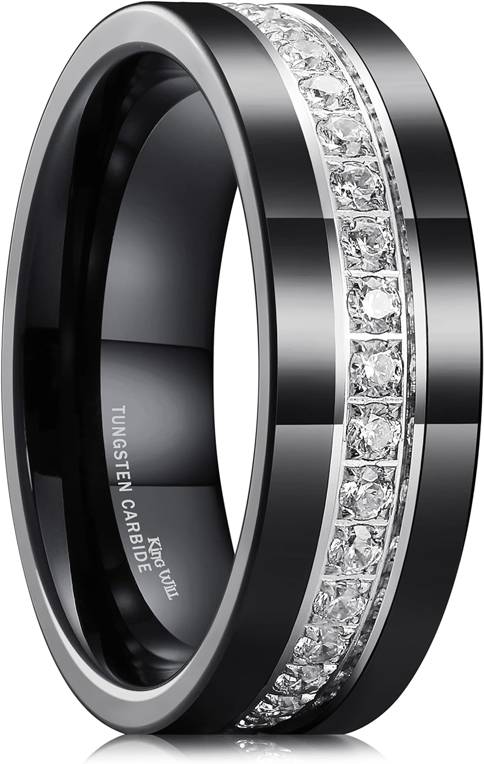 King Will GEM Mens 8mm Black Polished Finish Tungsten Carbide Ring Cubic Zircon Stones Flat Style