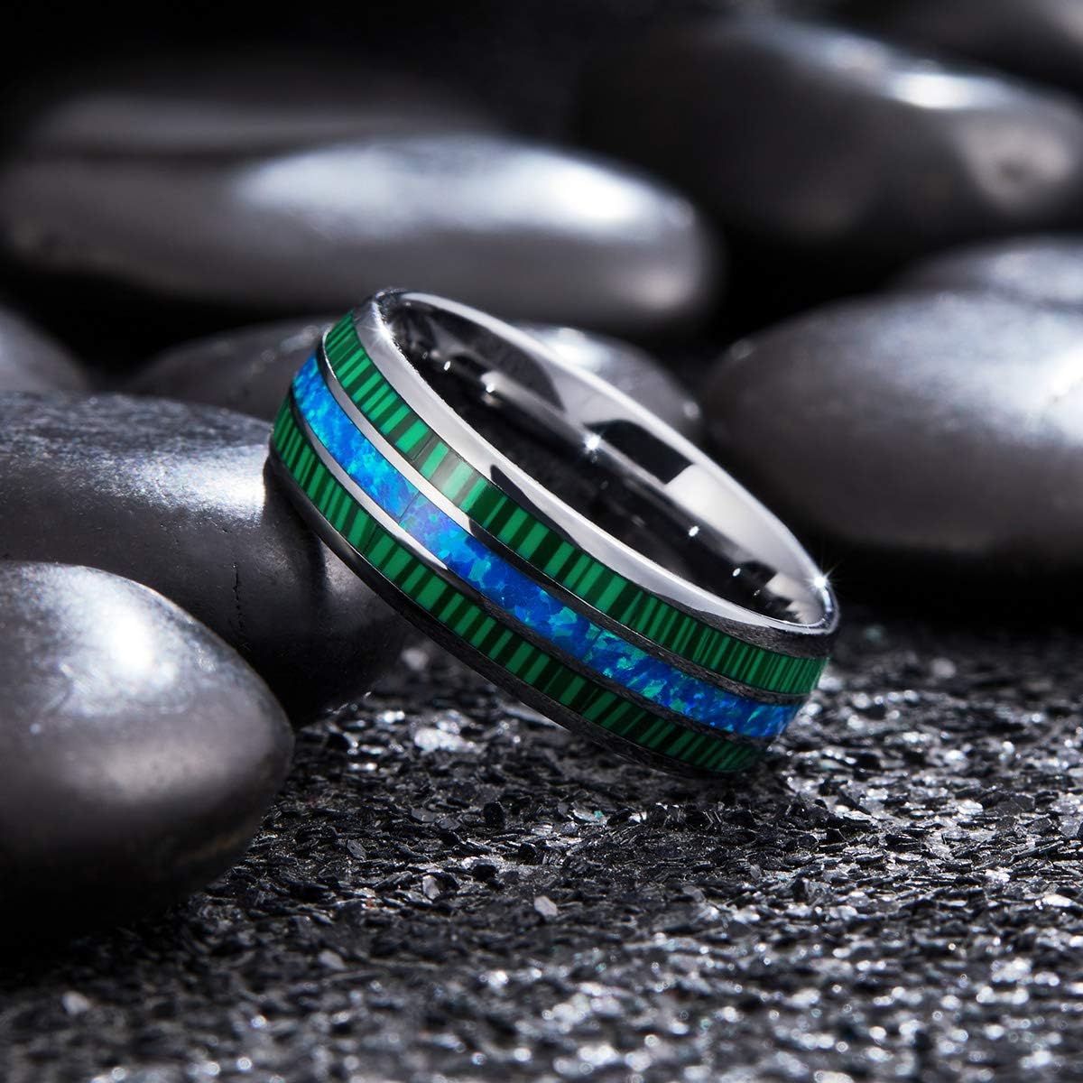 King Will Nature 8mm Turquoise Tungsten Carbide Wedding Ring Abalone Shell Opal Inlaid Real Wood Engagement Band for Men