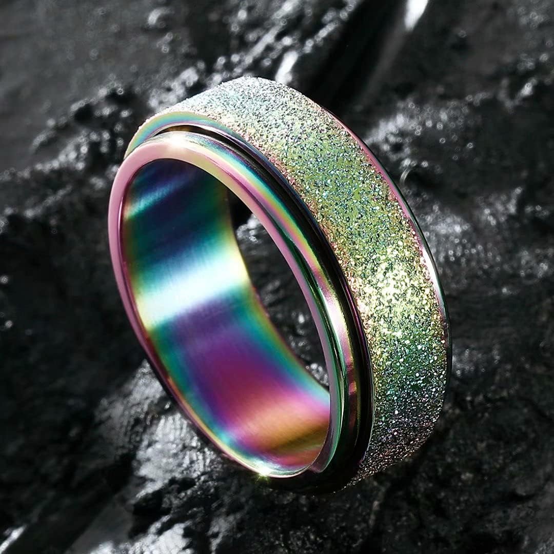 King Will Mens Fidget Ring Black/Gold/Rose Gold/Rainbow 8mm Stainless Steel Ring Spinner Ring For Men Women Stress Anxiety Relief Rotating Ring Finger Teens Toy Moon Sun Star/Triple Moon/Sand Blasted Comfort Fit For Unisex Adults