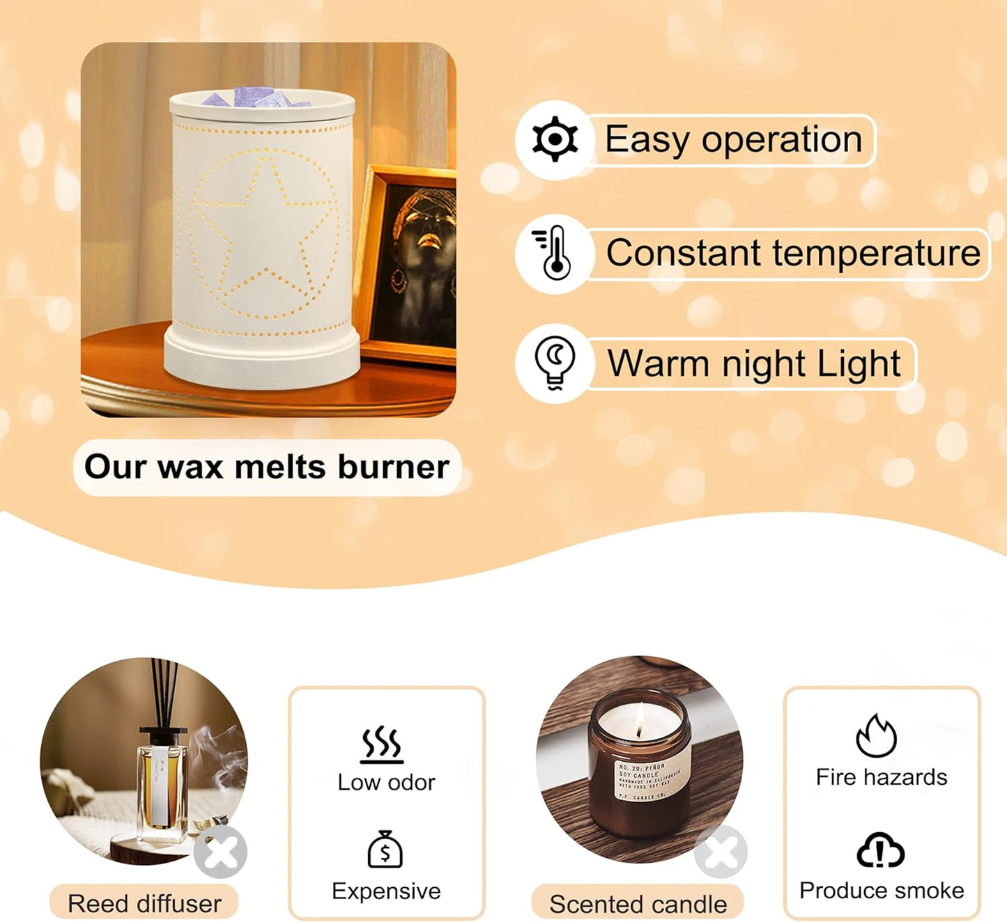 CVHOMEDECO. Electric Wax Melt Warmer Punched Stars Metal Tart Warmer Decorative Candle Warmer Burner for Scented Candles, Wax Melts and Tarts to Freshen Room, Idea for Home/Office Decor., Black