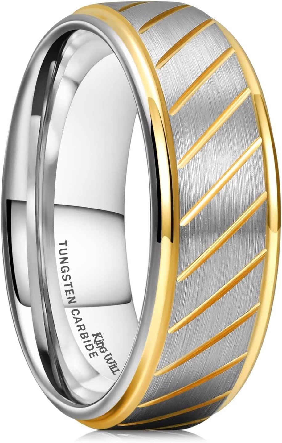 King Will 8mm Men's Tungsten Carbide Silver/Gold/Rose Gold Ring Gold Domed High Polished/Grooved/Faceted/Sandstone Sticker Inlay Step Edge Comfort Fit Wedding Ring