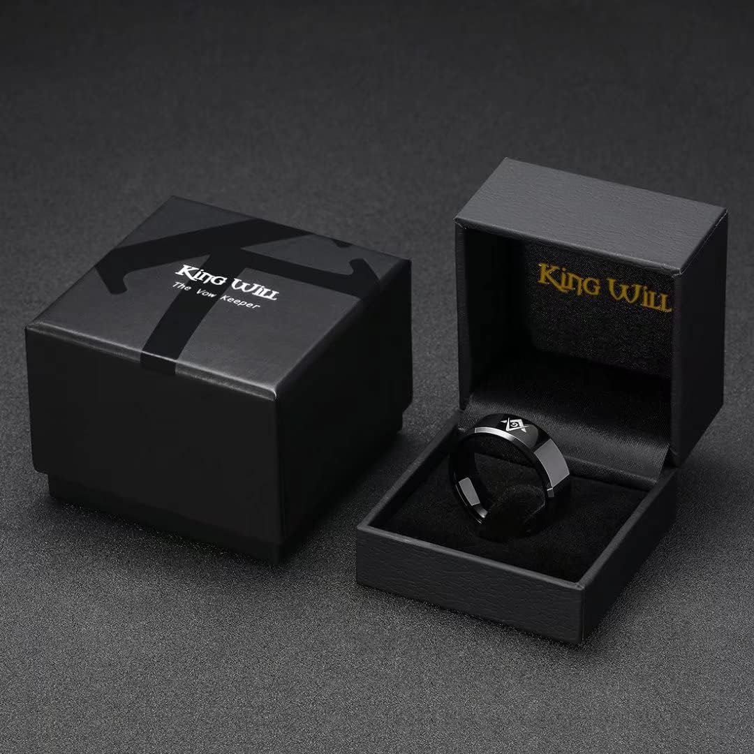 King Will CLASSIC 8mm Black Men's Tungsten Carbide Ring Polished Masonic Compass Square Free Mason