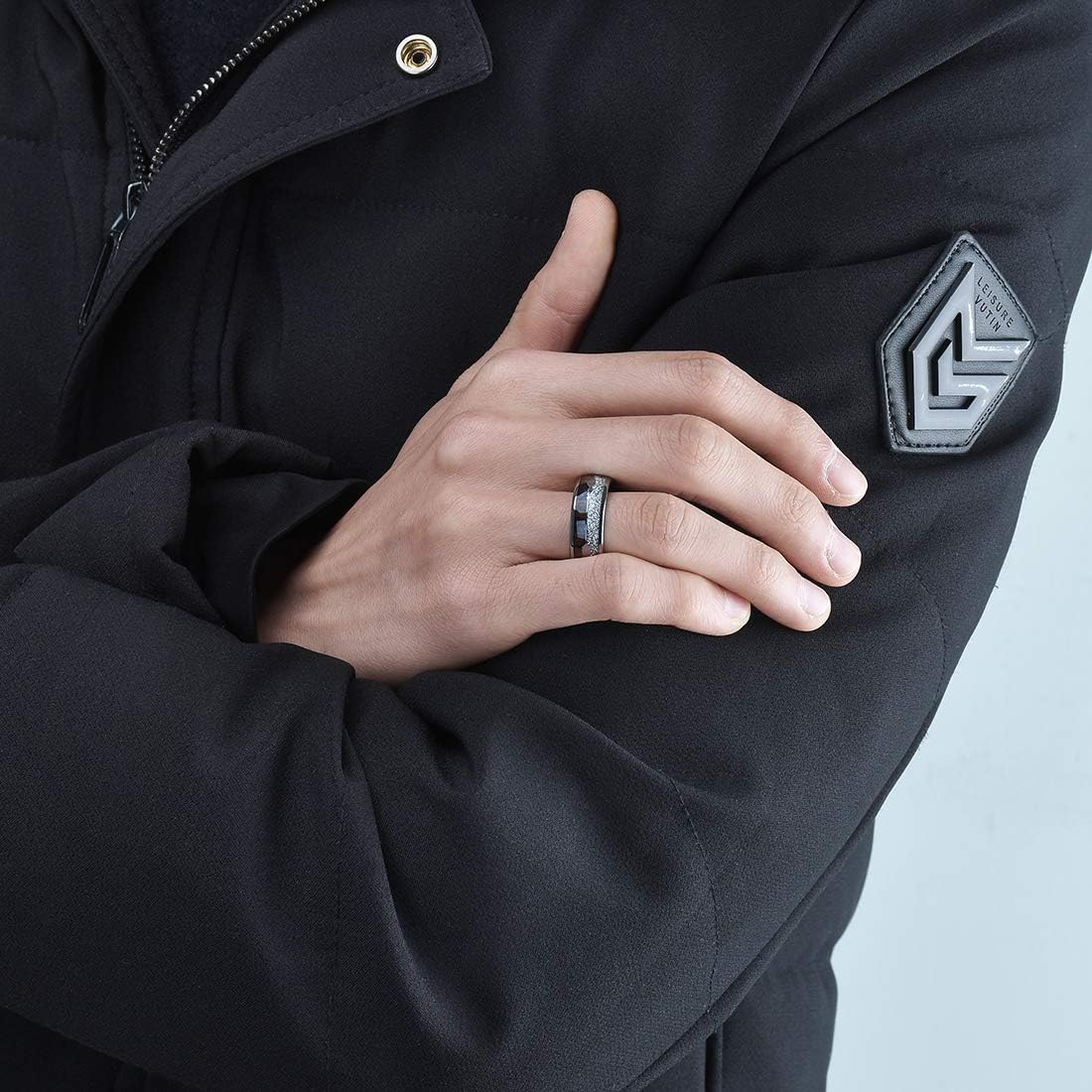 King Will Nature 8mm Arrow Tungsten Carbide Ring Wood Meteorite Sticker Inlay Domed Wedding Ring for Men