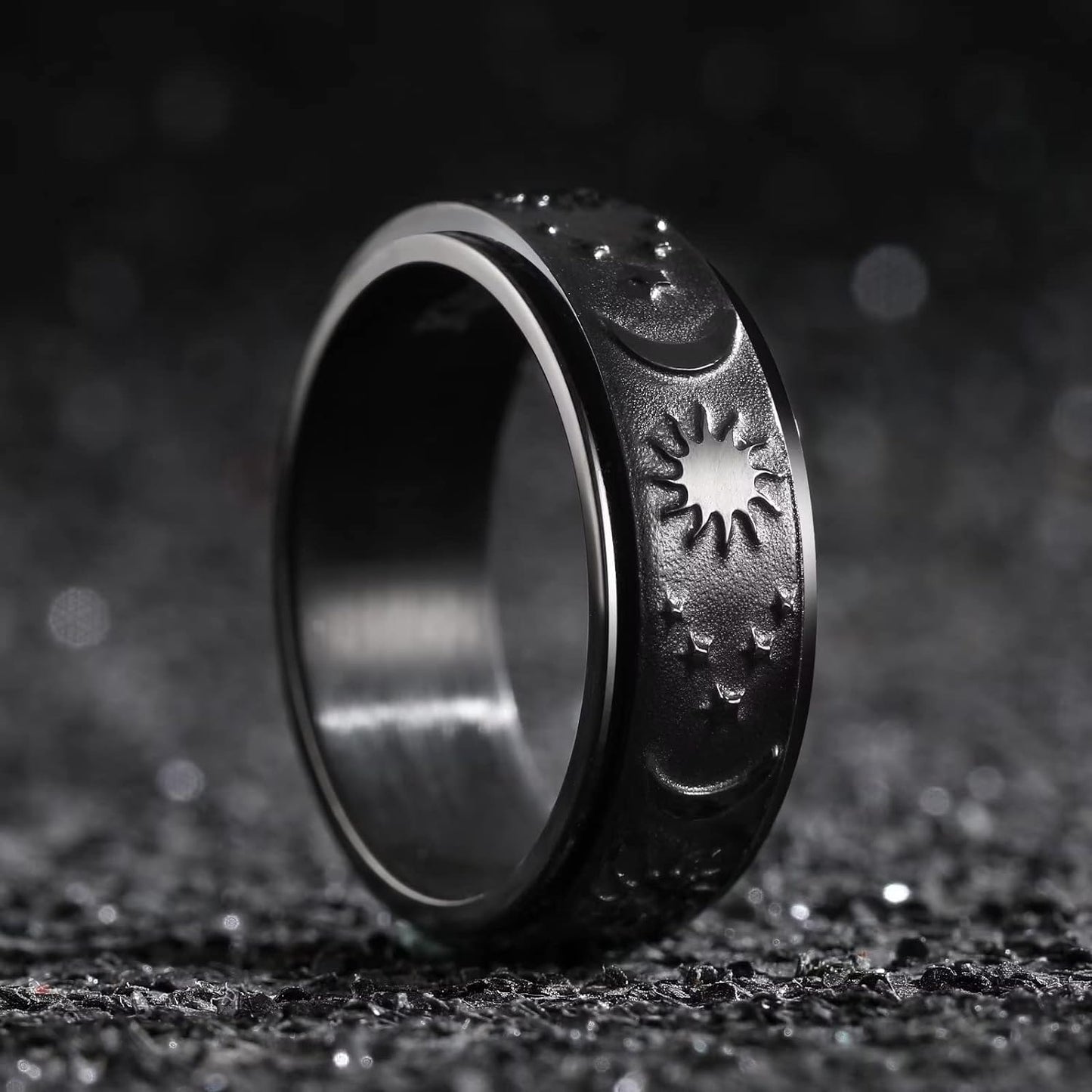 King Will Mens Fidget Ring Black/Gold/Rose Gold/Rainbow 8mm Stainless Steel Ring Spinner Ring For Men Women Stress Anxiety Relief Rotating Ring Finger Teens Toy Moon Sun Star/Triple Moon/Sand Blasted Comfort Fit For Unisex Adults