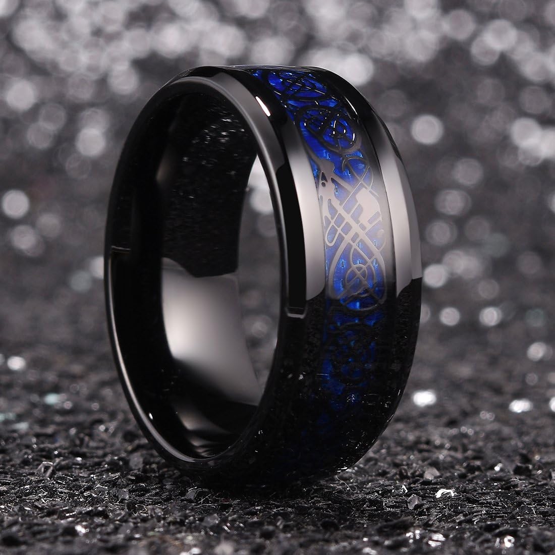 King Will DRAGON Mens Celtic Dragon Titanium Stainless Steel Ring Blue/Black/Green/Red Carbon Fibre Luminou Glow Celtic Dragon Titanium Stainless Steel Ring 7mm 8mm 9mm Zircon Polished Beveled Edge and Black Plated Wedding Band mens