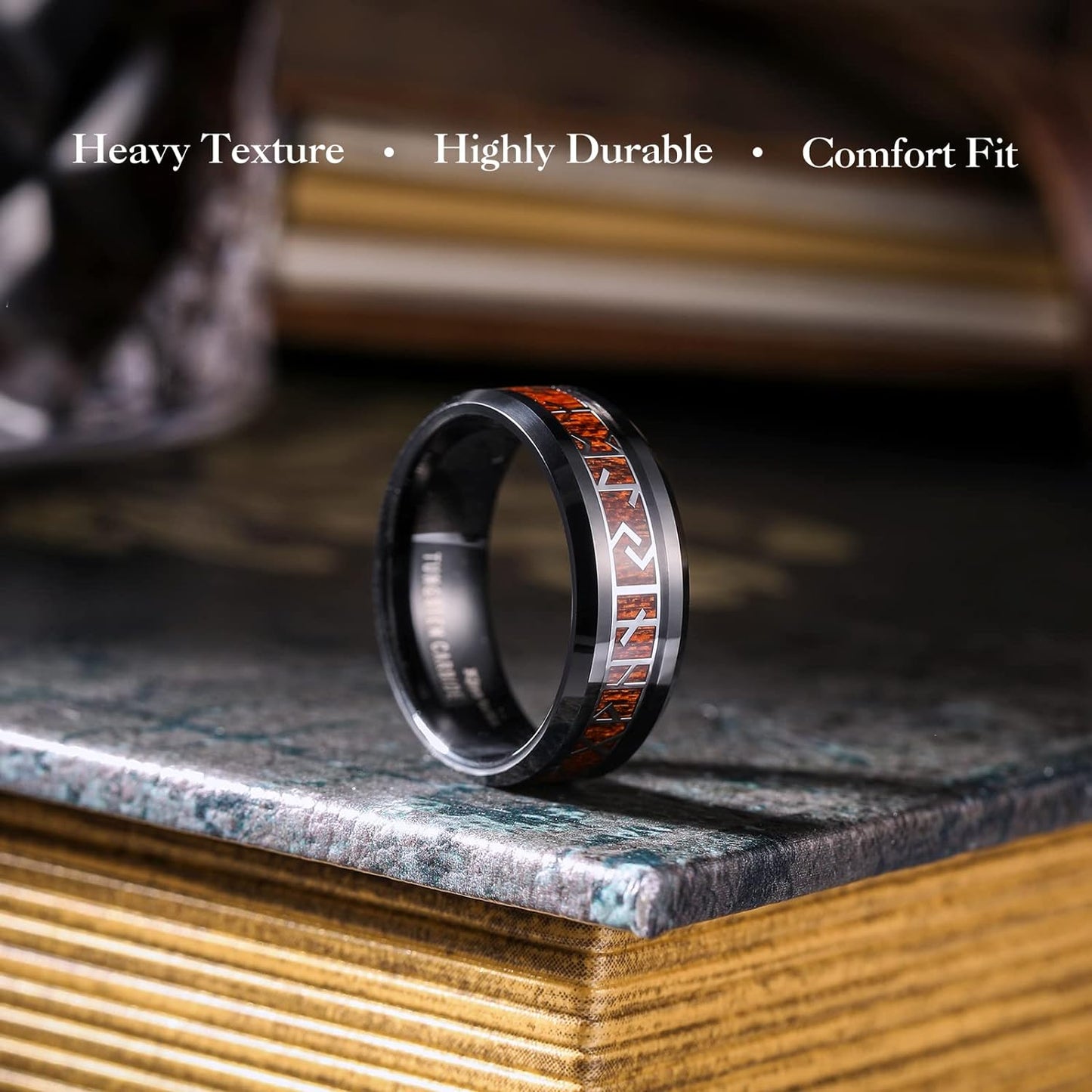 King Will Tungsten Carbide Wedding Band for Men - 8mm Black Plated High Polished Inlay Norse Viking Rune Rings for Any Ocassion Ring Comfort Fit