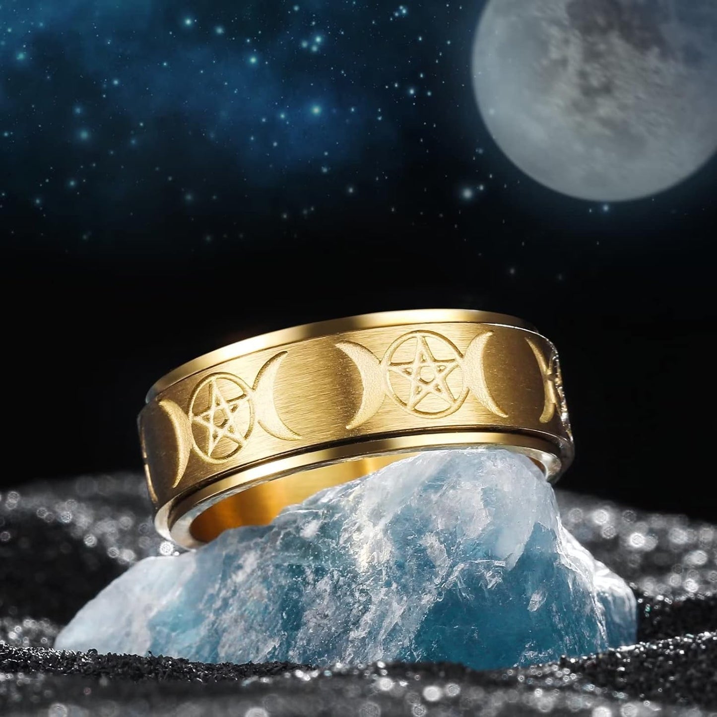 King Will Mens Fidget Ring Black/Gold/Rose Gold/Rainbow 8mm Stainless Steel Ring Spinner Ring For Men Women Stress Anxiety Relief Rotating Ring Finger Teens Toy Moon Sun Star/Triple Moon/Sand Blasted Comfort Fit For Unisex Adults