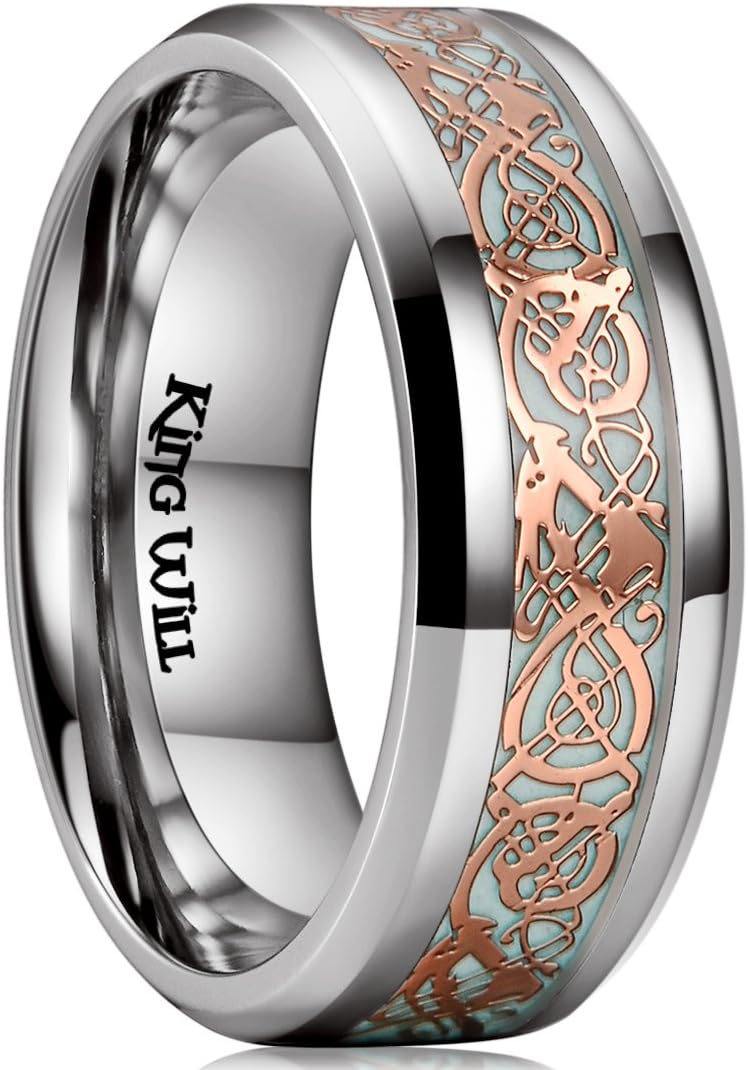 King Will DRAGON Mens Celtic Dragon Titanium Stainless Steel Ring Blue/Black/Green/Red Carbon Fibre Luminou Glow Celtic Dragon Titanium Stainless Steel Ring 7mm 8mm 9mm Zircon Polished Beveled Edge and Black Plated Wedding Band mens
