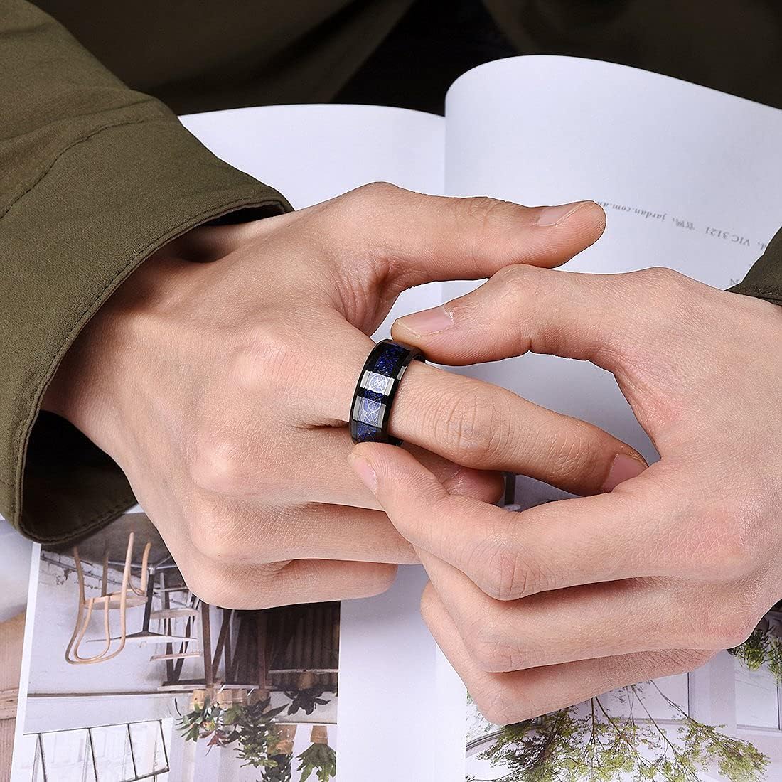 King Will DRAGON Mens Celtic Dragon Titanium Stainless Steel Ring Blue/Black/Green/Red Carbon Fibre Luminou Glow Celtic Dragon Titanium Stainless Steel Ring 7mm 8mm 9mm Zircon Polished Beveled Edge and Black Plated Wedding Band mens