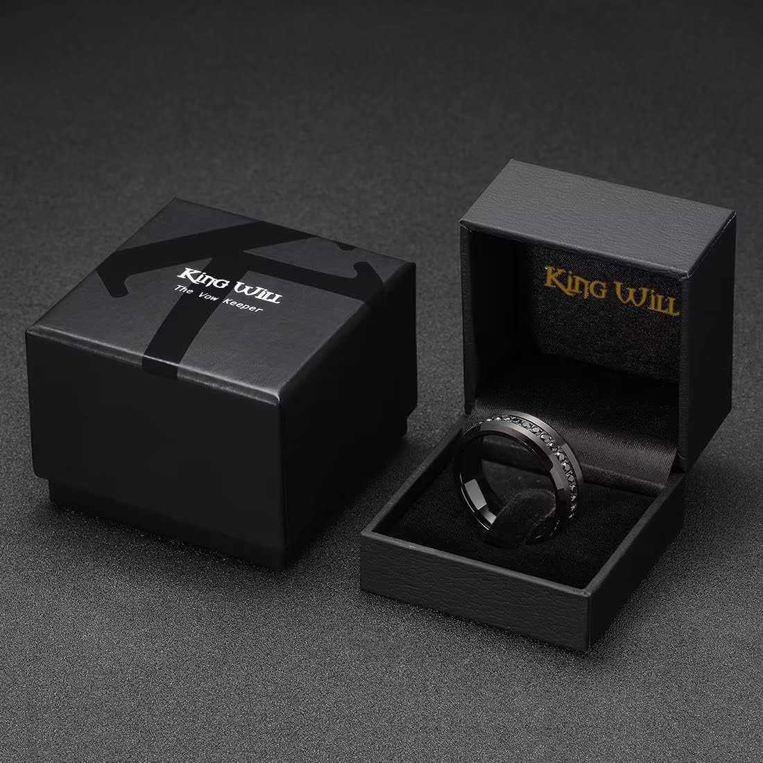 King Will GEM Mens 8mm Black Polished Finish Tungsten Carbide Ring Cubic Zircon Stones Flat Style